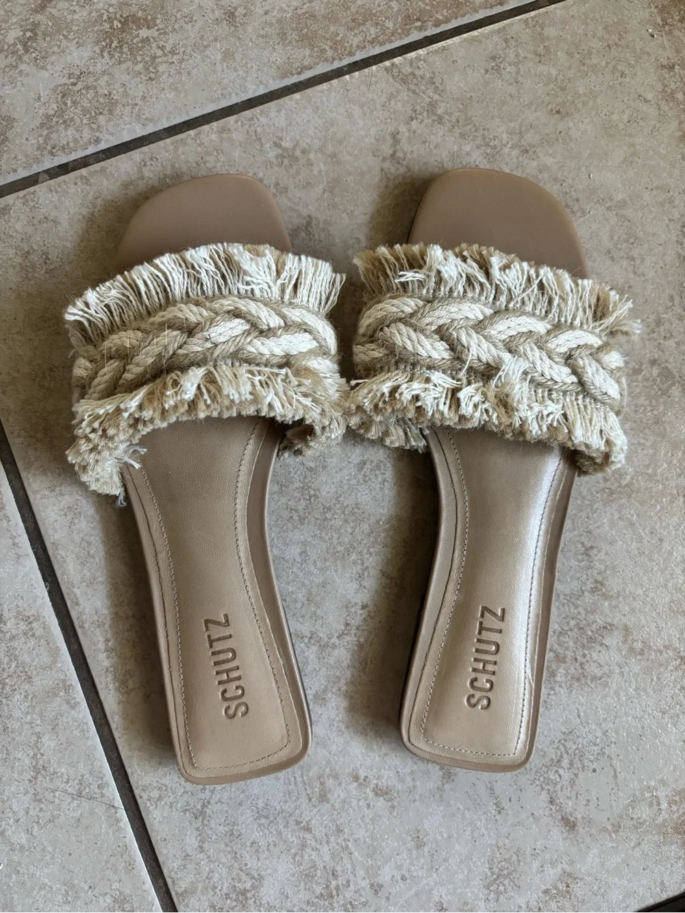 SCHUTZ Beige Braided Fringe Sandals